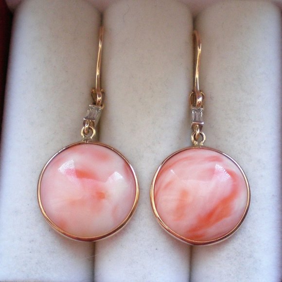 Vintage Soviet USSR 14K 583 Rose Pink Gold Diamond 17MM Coral Dangle EARRINGS - Picture 4 of 7